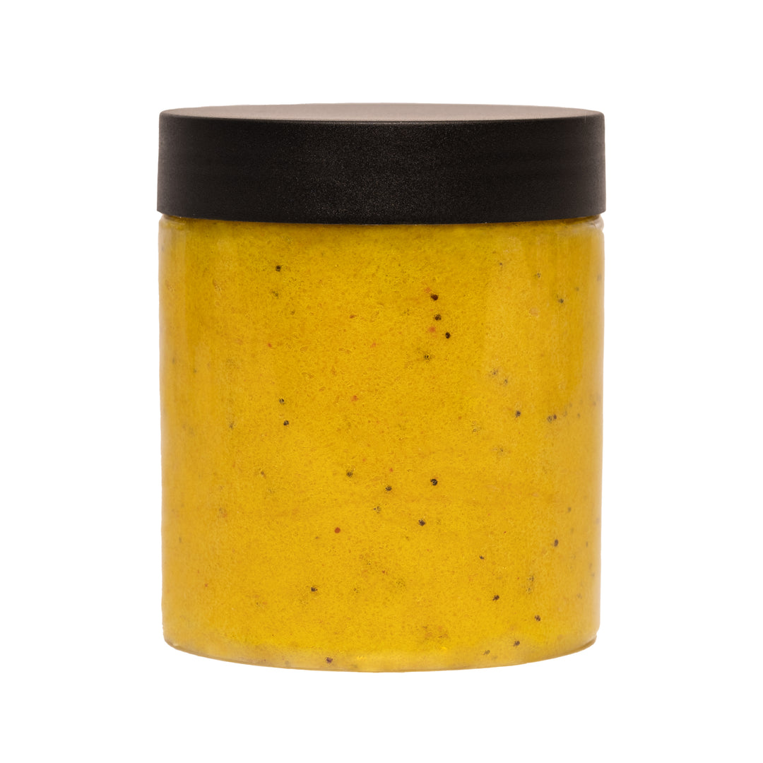 INGREDIENTS Cane Sugar Sucrose Vegetable Glycerin  Distilled Water Sodium Cocoyl Isethionate Cocamidopropyl Betaine Stearic Acid Organic Turmeric Powder Shea Butter Butyrospermum Parkii Sunflower Seed Oil  Helianthus Annuus seed Oil  Turmeric Essential Oil Phenoxyethanol, Benzoic Acid, Dehydroacetic acid  Skin Safe Colorants Biodegradable Glitter   